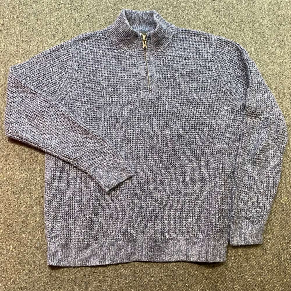 LL Bean Quarter Zip Sweater Sz L Mens Blue Gorpcore Waffle Knit Pullover 508120